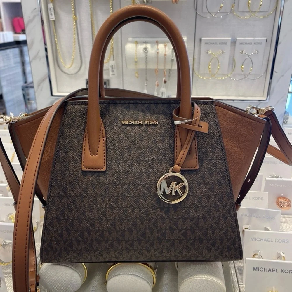 Michael Kors Avril Small Leather Logo Satchel Crossbody Brown Top Zip Bag NWT